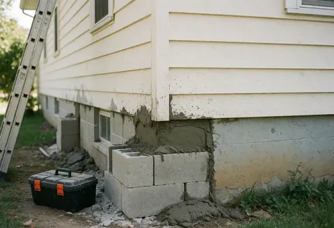 Foundation repair work with concrete blocks and fresh mortar, ladder and tool box in the garden, natural light.