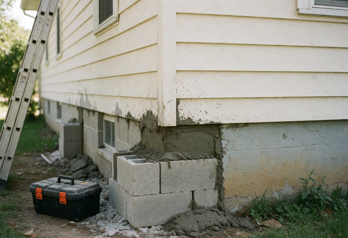 Foundation repair work with concrete blocks and fresh mortar, ladder and tool box in the garden, natural light.