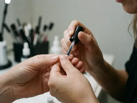A detailed view of a manicurist applying clear topcoat to a fingernail with a fine brush against a blurred gray background