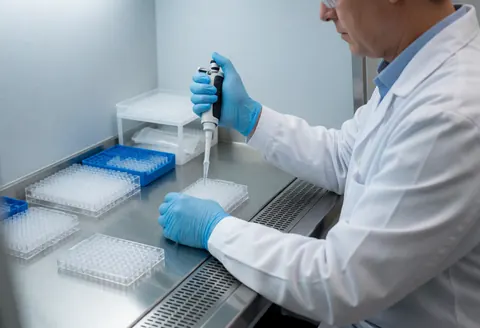 Technician in clinical lab pipetting sample into microplate with blue gloves and white coat on sterile metal bench