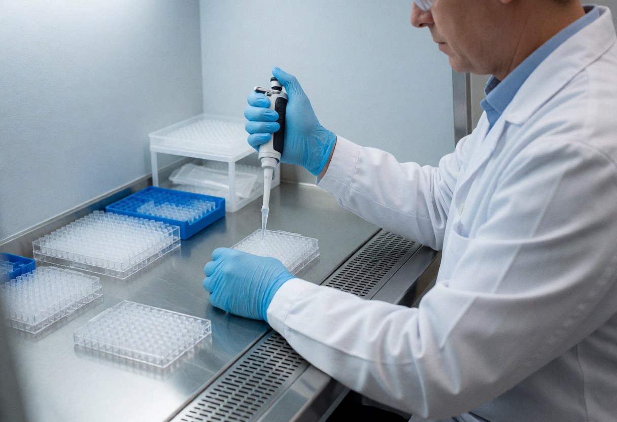 Technician in clinical lab pipetting sample into microplate with blue gloves and white coat on sterile metal bench