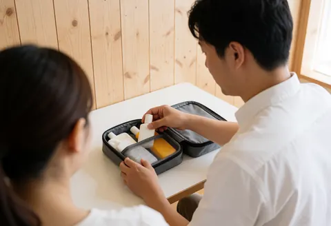 Travel consultant helping a client organize a travel kit with sunscreen and other items in a luggage basket on a white table.