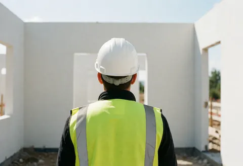 Real estate agent wearing a white hard hat and reflective vest observes the frame of a building under construction with white walls in bright sunlight.