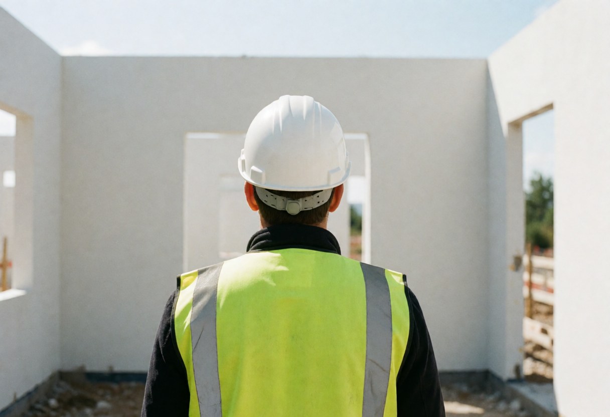 Real estate agent wearing a white hard hat and reflective vest observes the frame of a building under construction with white walls in bright sunlight.