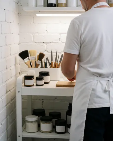 Nail technician organizing tools and products on a white cart against a white brick wall in a clean professional salon setting