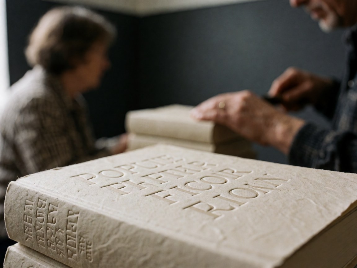 A detailed close-up view of an embossed title on a textured book cover, highlighting the tactile quality of the paper and design elements typical in a bookstore setting.