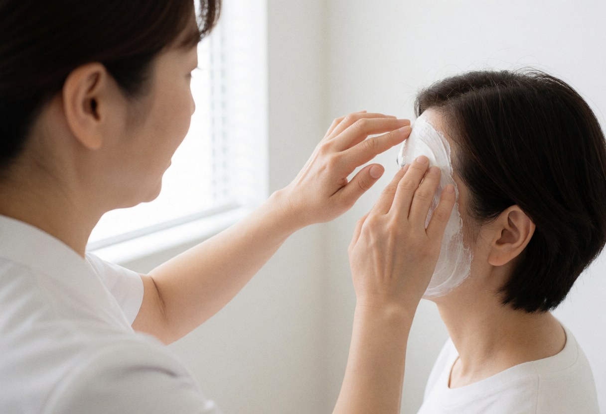 A therapist with clean hands applies a white facial mask to a client's forehead in a bright, professional spa setting with natural window light.