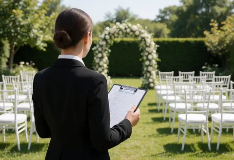 Wedding planner in black blazer holding checklist inspects garden with white chairs and floral arch ready for ceremony