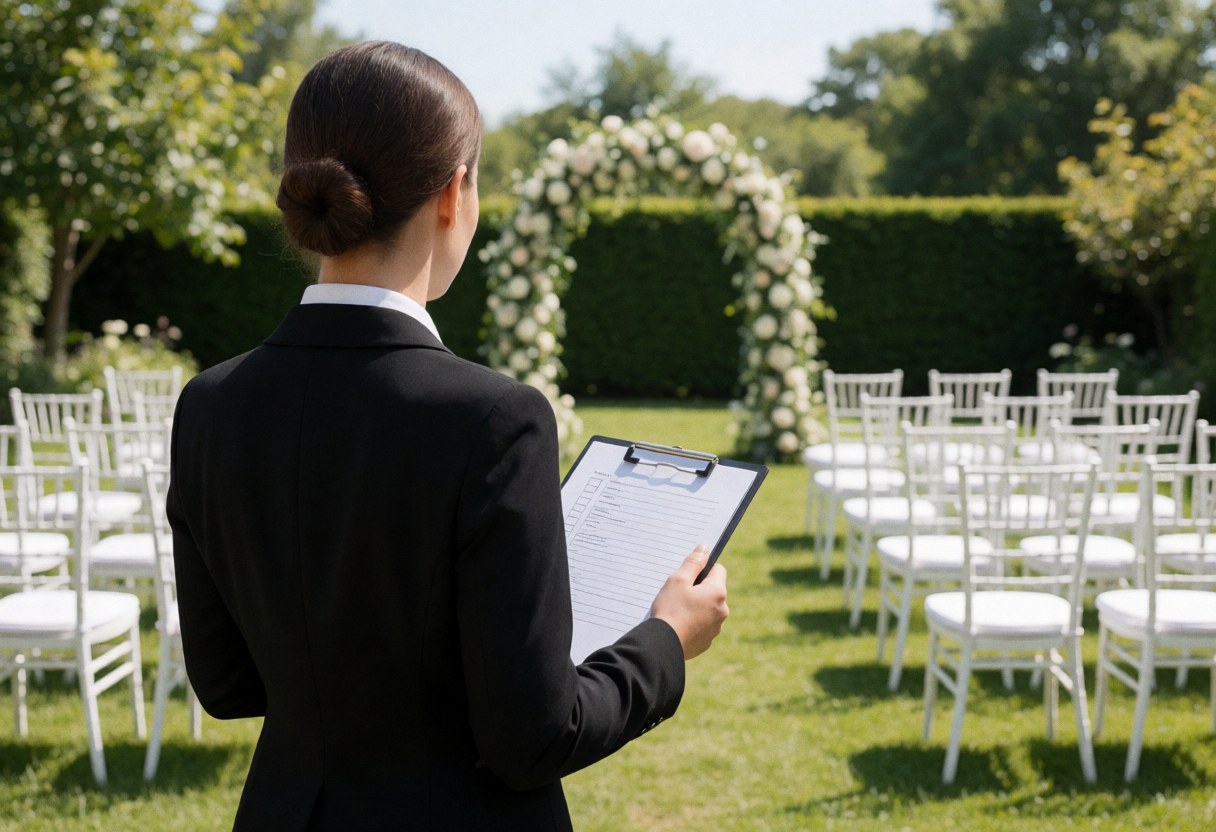 Wedding planner in black blazer holding checklist inspects garden with white chairs and floral arch ready for ceremony