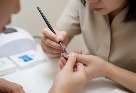 Professional manicurist applying delicate blue floral nail art with a brush, with UV light and alcohol visible in the background of a beauty salon.