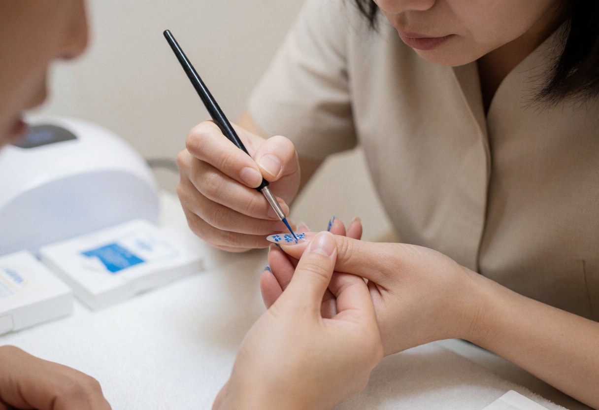Professional manicurist applying delicate blue floral nail art with a brush, with UV light and alcohol visible in the background of a beauty salon.