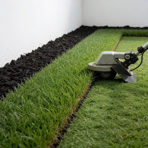 Professional lawn mower creating a straight, clean line of green grass next to dark mulch, a white wall, and bright lighting.