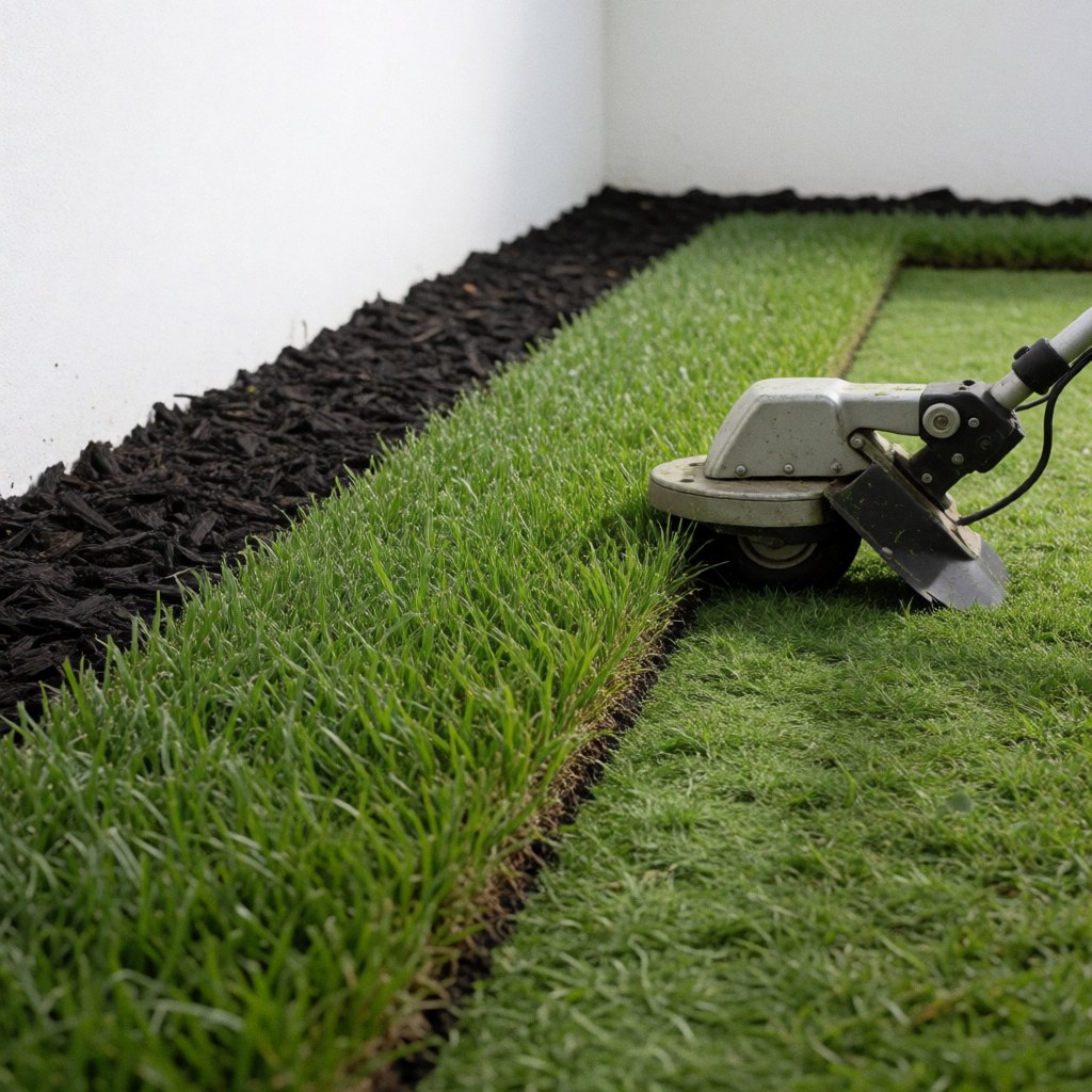 Professional lawn mower creating a straight, clean line of green grass next to dark mulch, a white wall, and bright lighting.