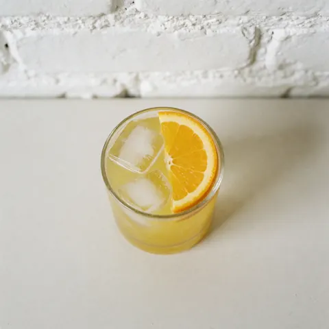 A single alcoholic cocktail served in a clear glass with ice cubes and an orange slice garnish, suitable for bar and beverage product photography