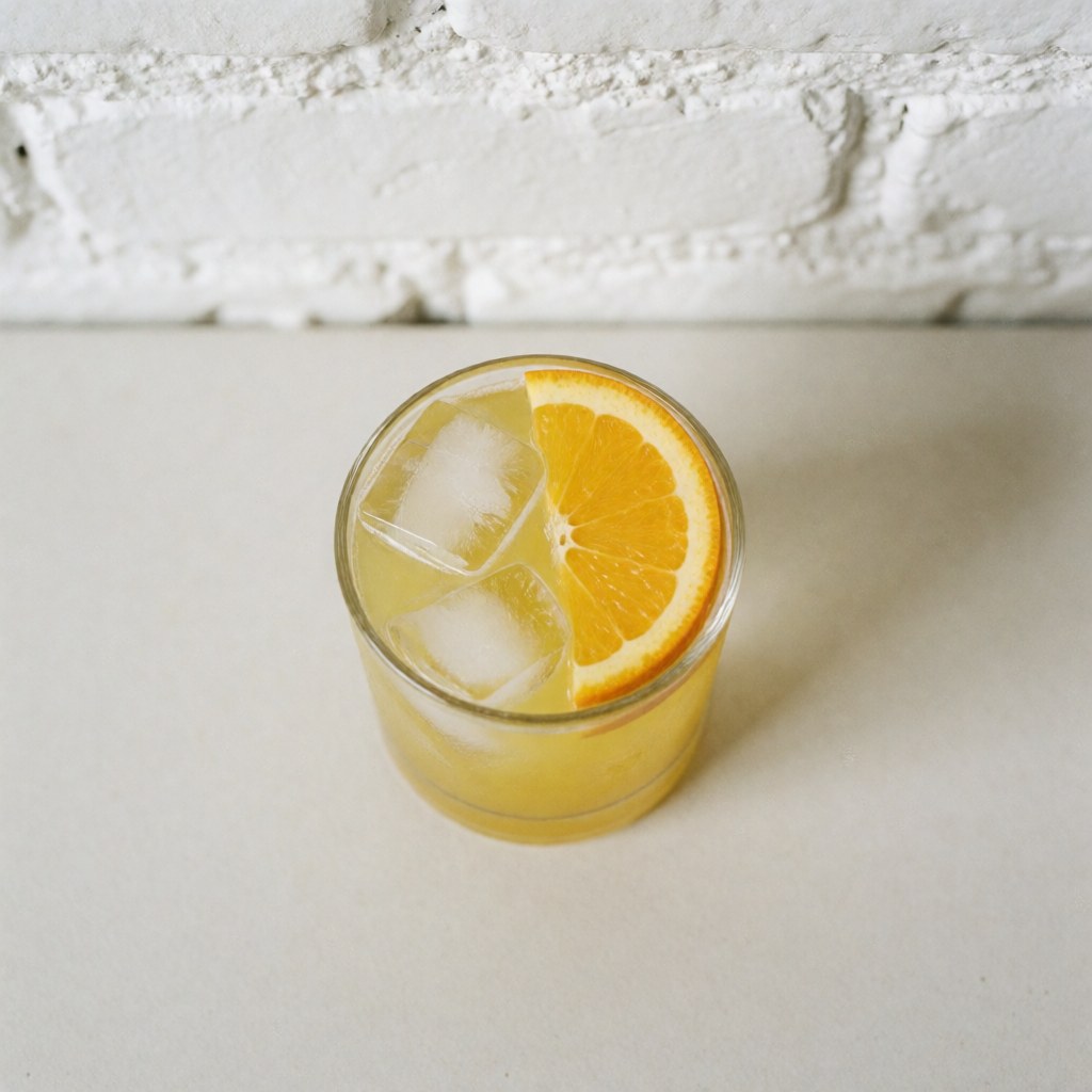 A single alcoholic cocktail served in a clear glass with ice cubes and an orange slice garnish, suitable for bar and beverage product photography