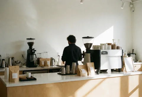 A barista preparing coffee in a modern cafe with natural light, showing a coffee machine, grinder, and cups on a clean table.