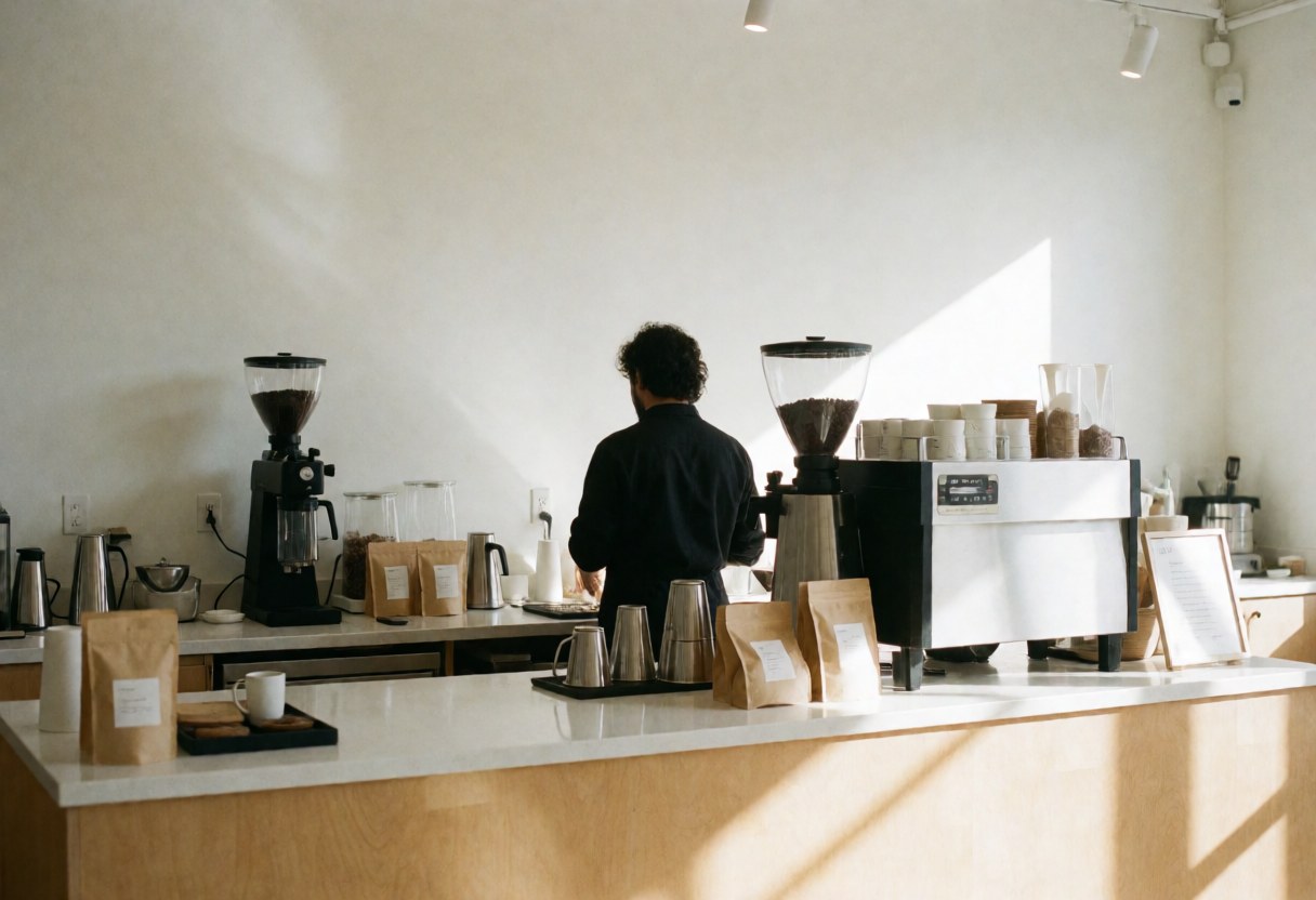 A barista preparing coffee in a modern cafe with natural light, showing a coffee machine, grinder, and cups on a clean table.