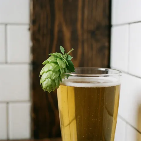 Close-up of fresh green hop cones used as a garniture for a glass of golden craft beer in a bar setting