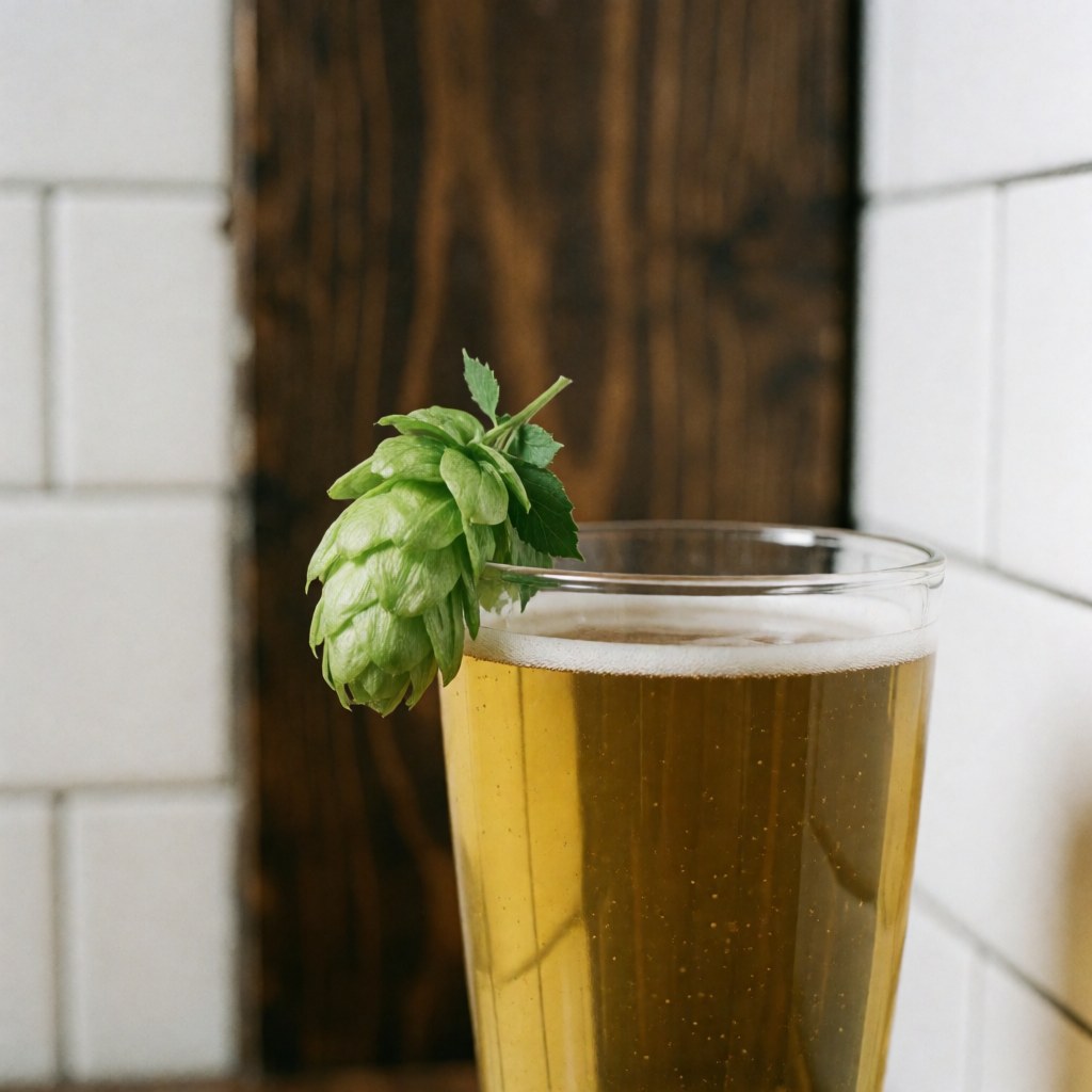 Close-up of fresh green hop cones used as a garniture for a glass of golden craft beer in a bar setting