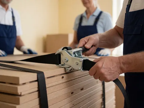 Close-up of gloved hands securing a black ratchet strap around stacked wooden furniture boxes during a professional moving process