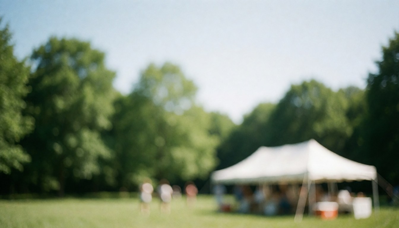 A bright sunny outdoor scene with green trees and open fields, serving as a serene natural background for text and community organization messaging