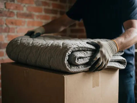 Close-up of a mover's gloved hands wrapping a cardboard box with protective film, highlighting the texture of the material against a red brick wall background.