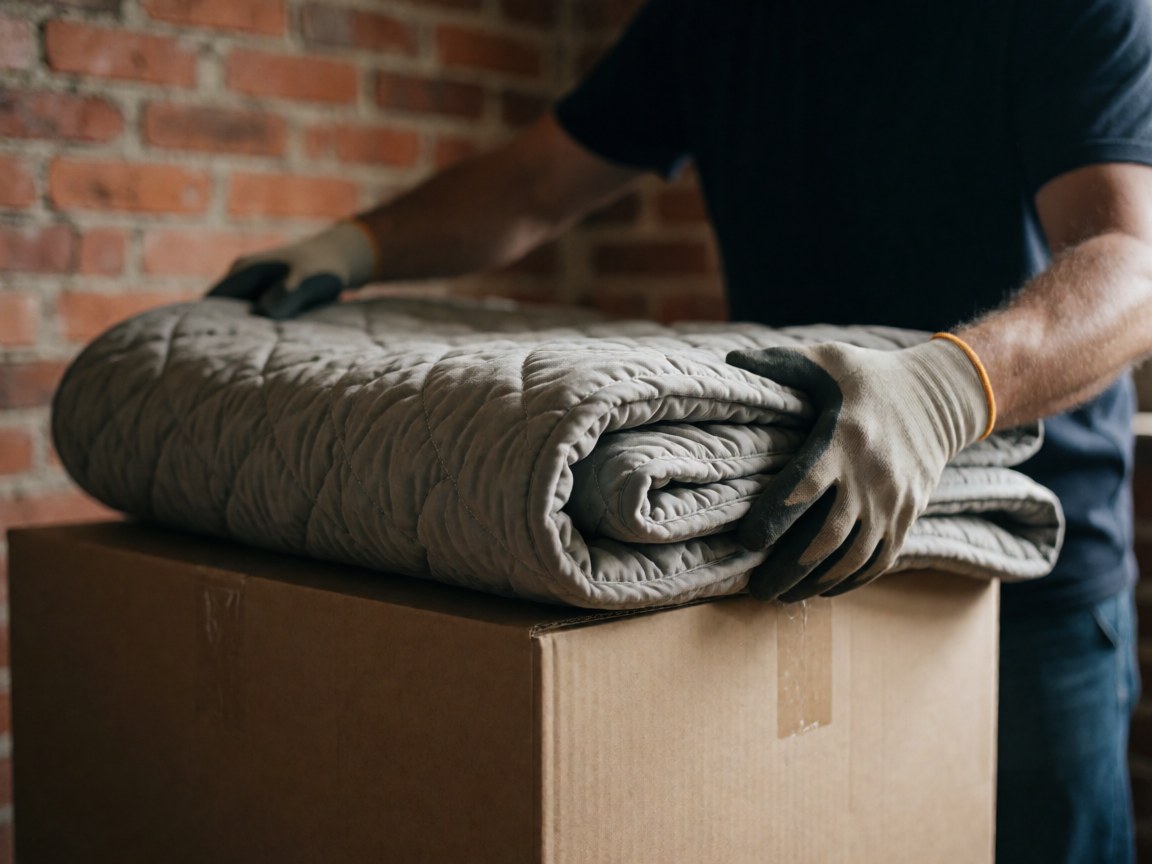 Close-up of a mover's gloved hands wrapping a cardboard box with protective film, highlighting the texture of the material against a red brick wall background.