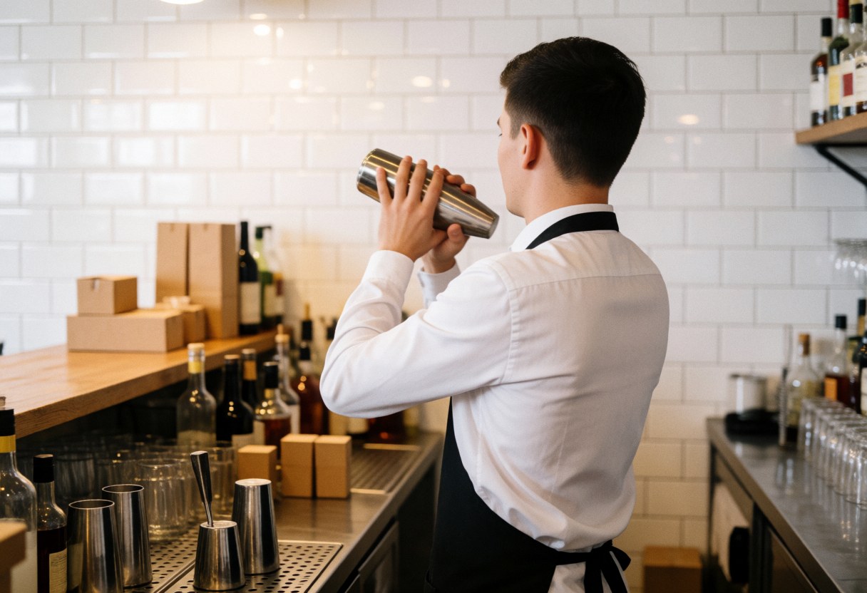 A bartender working behind a wooden bar counter, preparing cocktails with bottles and glassware visible in a warmly lit establishment