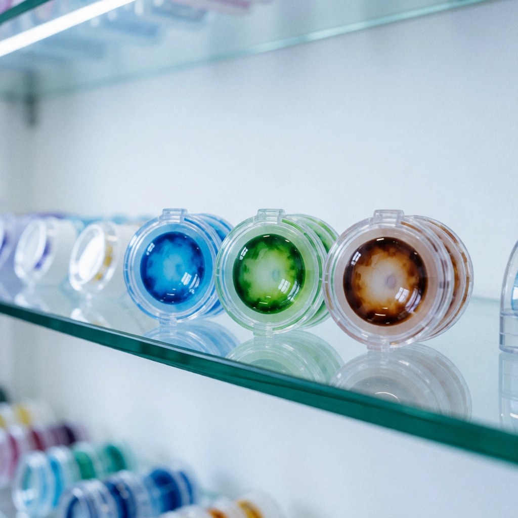 Colorful contact lenses displayed on a glass shelf in a modern optical store with a blurred background of other vision care products.