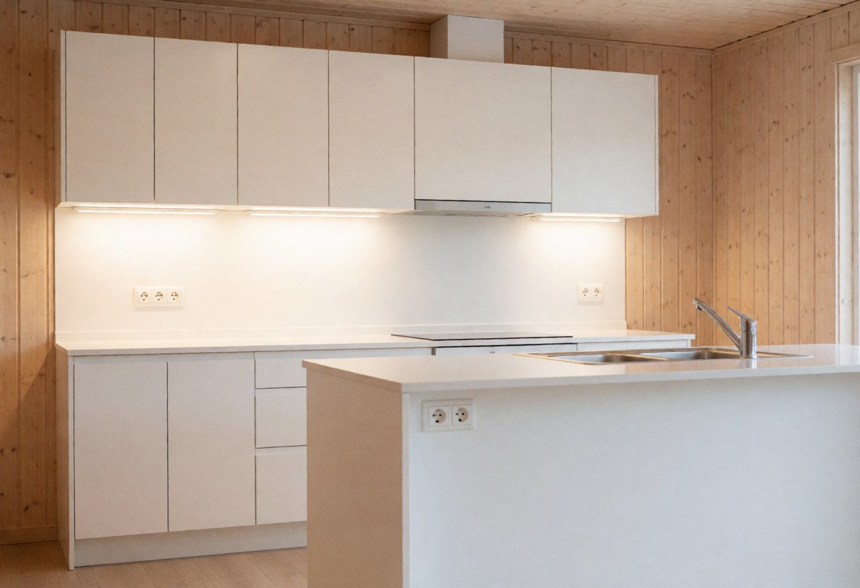 Clean modern kitchen interior featuring white cabinetry, wood paneling, and LED lighting, suitable for electrician storefronts.