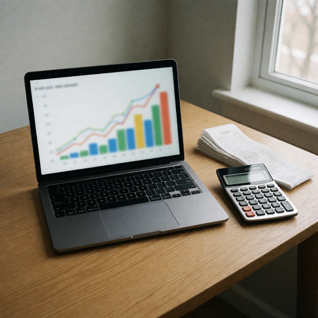 Laptop and calculator on wooden desk with receipts and financial charts for tax analysis and business consulting