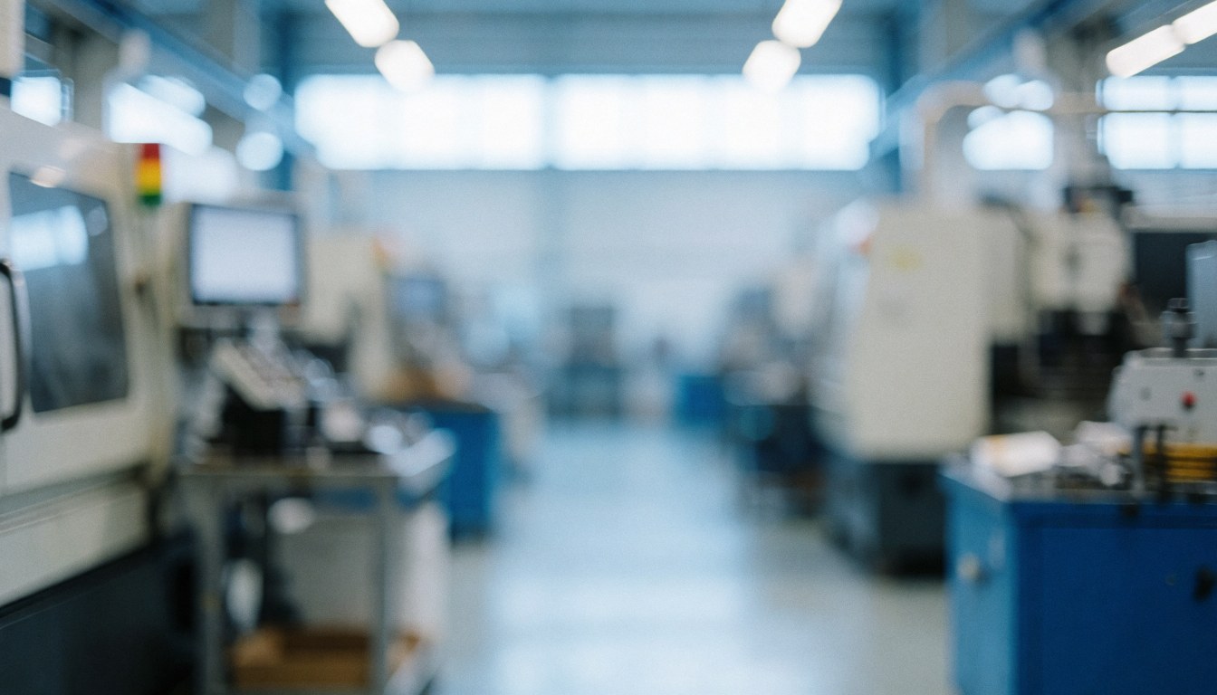 Out-of-focus industrial factory equipment with soft blue lighting, providing a clean background for professional business text and commercial use.