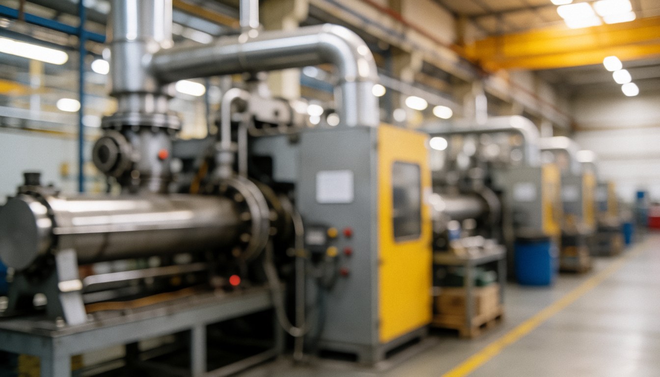 Blurred industrial plant background featuring machinery, pipes, and equipment in gray and yellow tones, suitable for field work text overlays