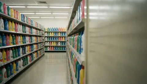 A well-lit grocery store aisle filled with colorful detergent bottles on white shelves, reflecting on the clean floor