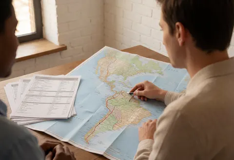 Travel agent pointing at a latin america map with printed itineraries on a wooden desk near a window with natural light and a white brick wall