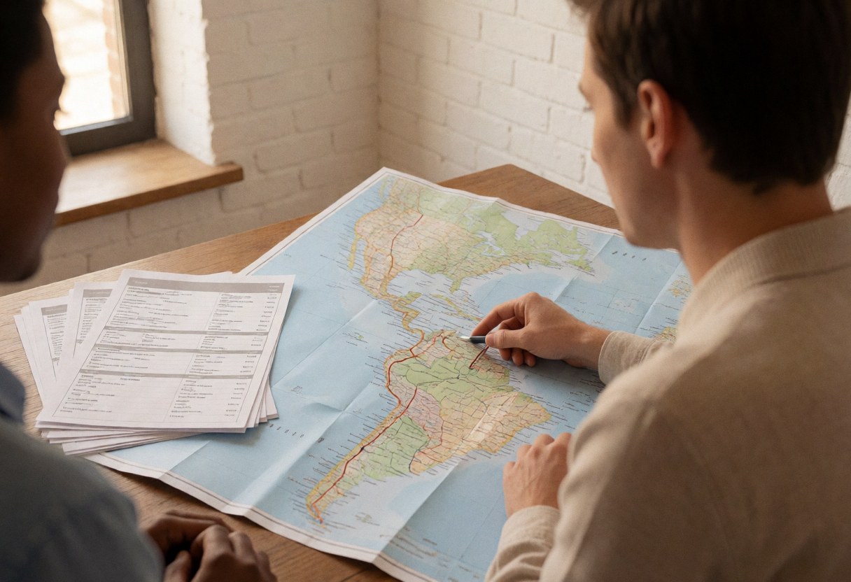 Travel agent pointing at a latin america map with printed itineraries on a wooden desk near a window with natural light and a white brick wall