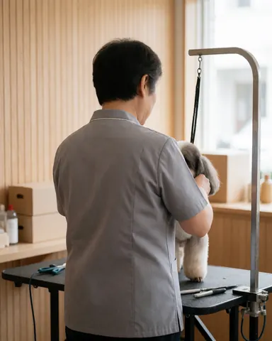 A professional groomer inspects a freshly groomed dog in a clean salon with light wood walls and natural lighting.