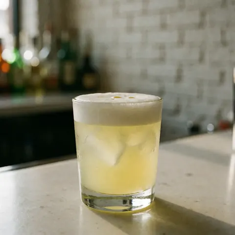 A classic pisco sour cocktail served in a glass with ice and foam on a white brick bar surface