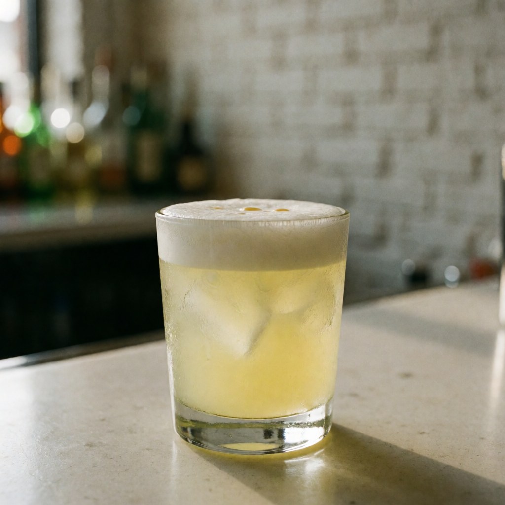 A classic pisco sour cocktail served in a glass with ice and foam on a white brick bar surface