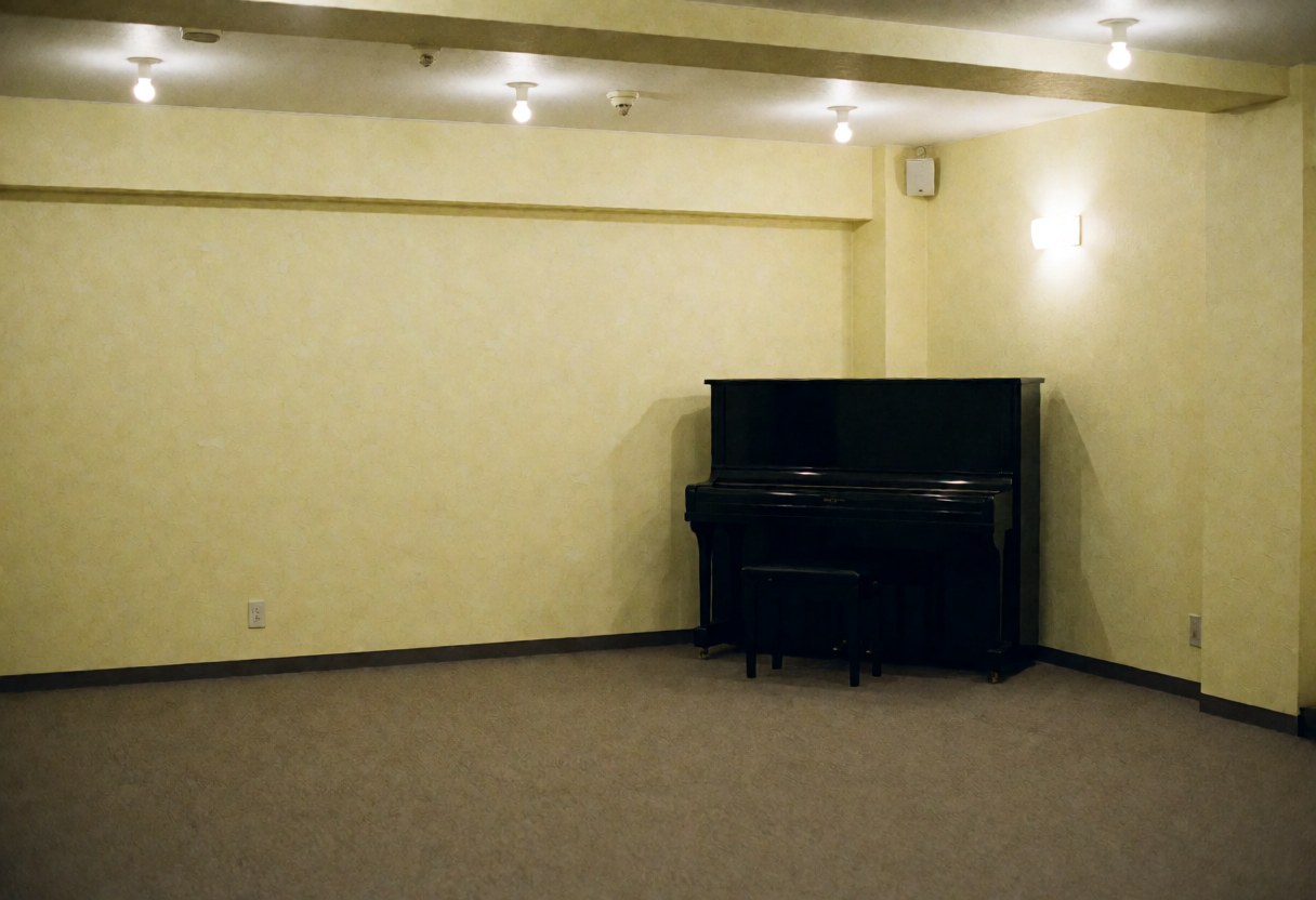 Empty bar interior featuring a black piano in the corner, pale yellow walls, and warm lighting, creating an inviting atmosphere for musical events.