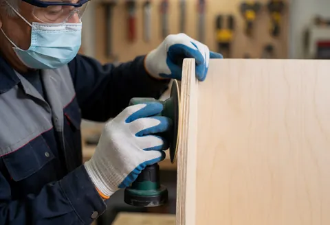 A worker wearing safety gear sands a piece of wood in a manufacturing workshop, highlighting the finishing process in an industrial setting.