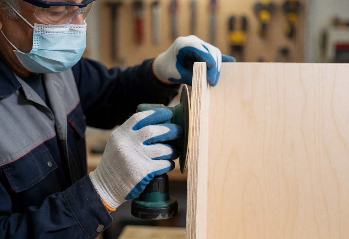 A worker wearing safety gear sands a piece of wood in a manufacturing workshop, highlighting the finishing process in an industrial setting.