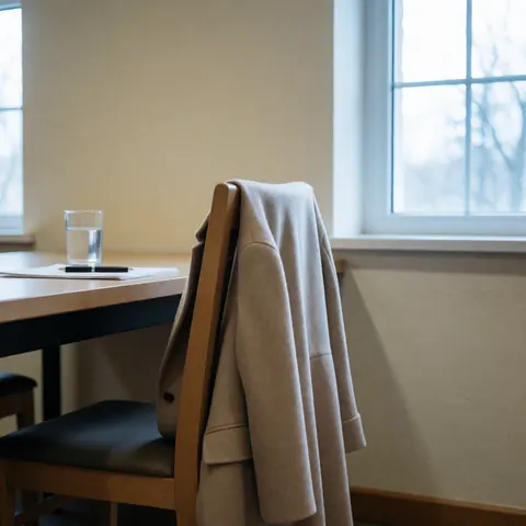 Beige coat hanging on a wooden chair in a quiet library corner with a water glass and pen on the table near a window.