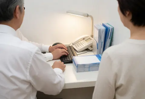Insurance professional consulting with a client at a tidy desk equipped with a computer, phone, and brochures in a bright office setting.