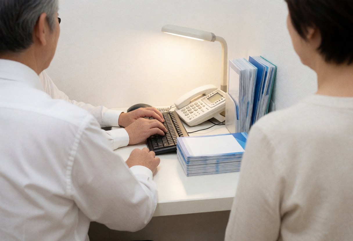 Insurance professional consulting with a client at a tidy desk equipped with a computer, phone, and brochures in a bright office setting.