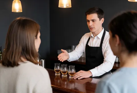 A bartender explains the aroma of cocktails in crystal glasses to two clients at a wooden bar with warm lighting and a cozy atmosphere.