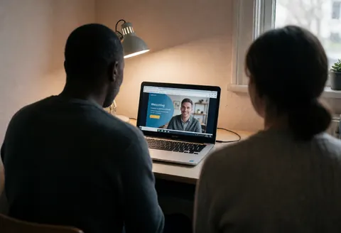 An adult student sits at a desk with a laptop, participating in a virtual class via video conference in a well-lit room with beige walls.