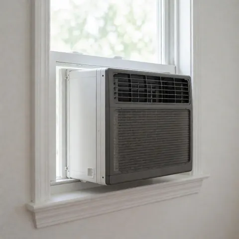 A white rectangular window air conditioning unit installed in a residential window frame, providing cooling for the interior space.