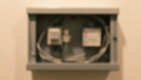 Gray wall-mounted security panel with visible cables and blurred components, serving as a professional and calm background for business text.