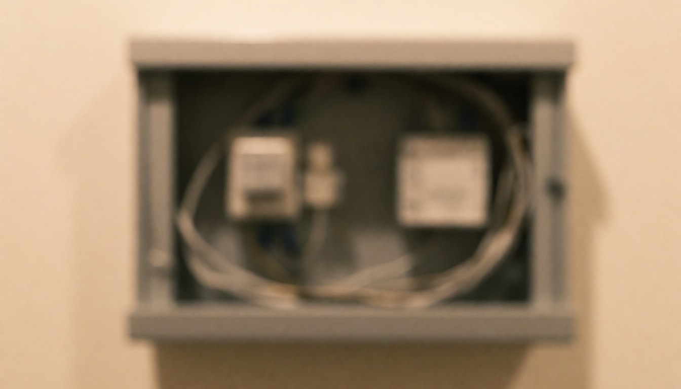 Gray wall-mounted security panel with visible cables and blurred components, serving as a professional and calm background for business text.